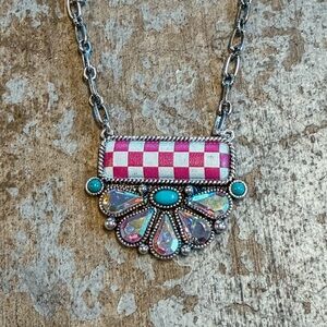 Elegant Silver and Pink Checkered Necklace